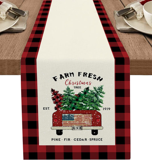 Christmas Red Truck Table Runner with Black Buffalo Plaid - 108" Cotton Linen Holiday Décor for Farmhouse Dining and Living Rooms