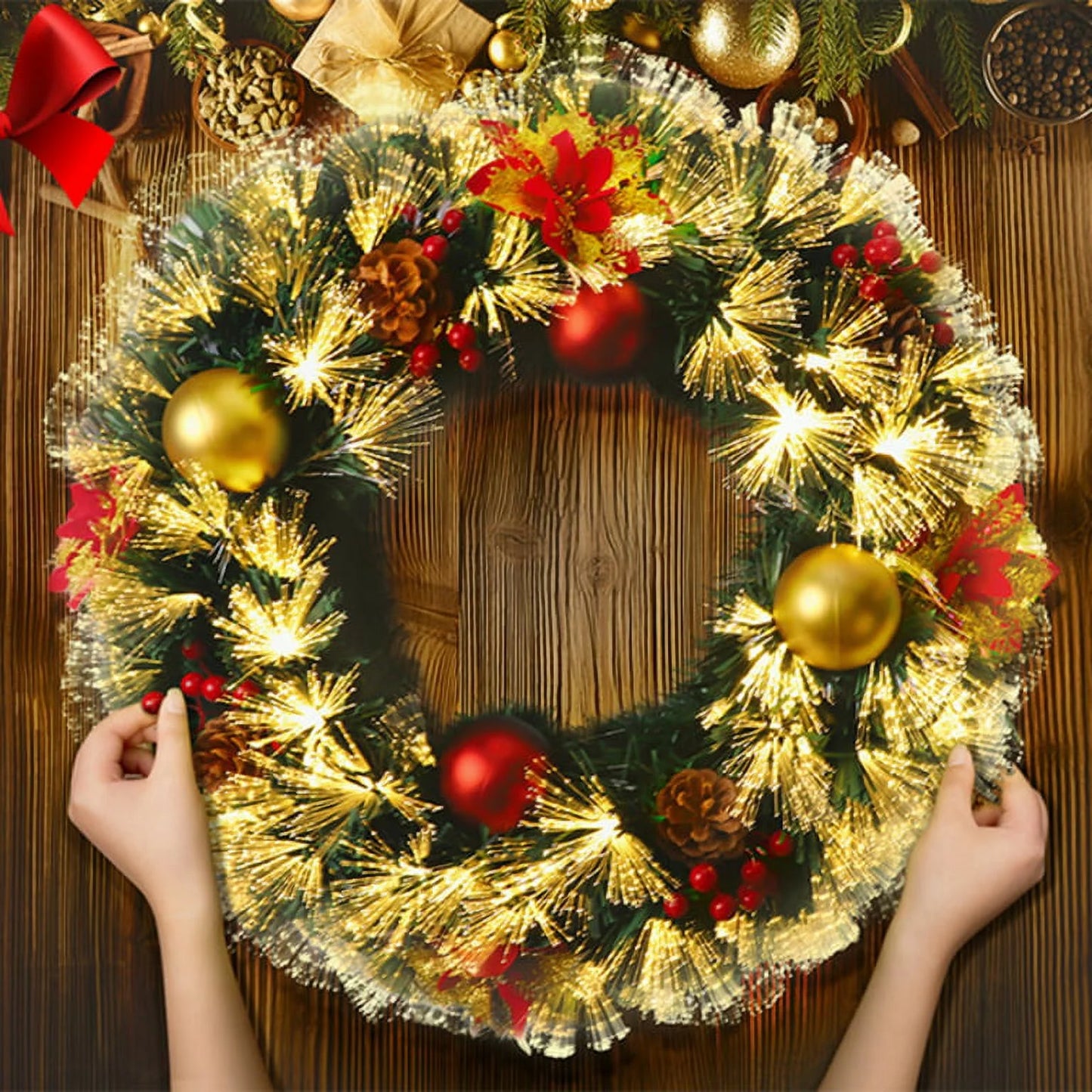 28Inch Pre-Lit Christmas Wreath Extra Large Plug in Christmas Wreath Artificial Deluxe Lighted Christmas Decor Wreath with Lights for Front Door Fireplace Outdoor Indoor Holiday Decor