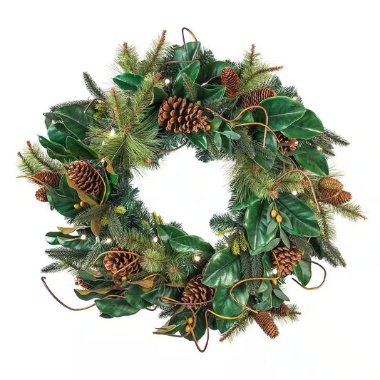 30 In. Artificial Pre-Lit LED Magnolia Leaf Wreath