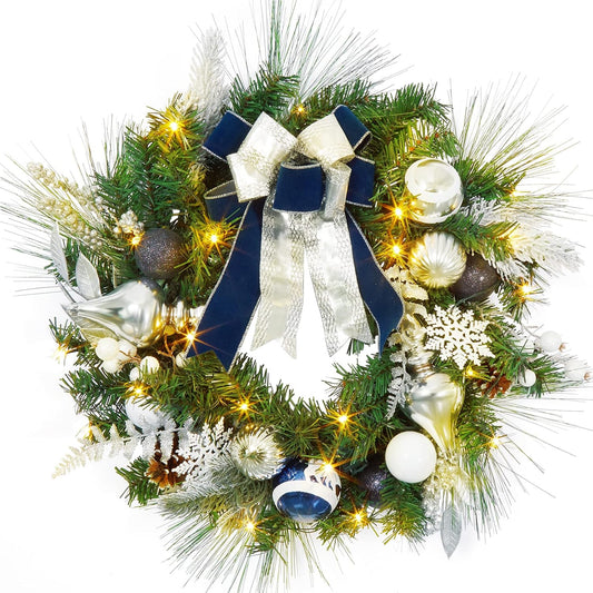 Stunning 24-Inch Blue and Silver Prelit Christmas Wreath with 20 LED Lights and Ornaments - Perfect for Indoor & Outdoor Holiday Decor!