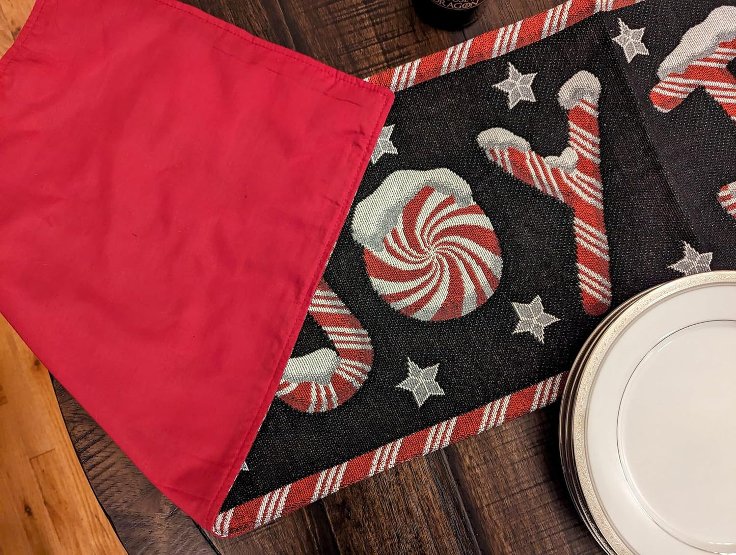 Dada Bedding Starry Peppermint Joy Tapestry Table Runner - Festive Black & Red Christmas Candy Cane Design - Cotton Linen Kitchen Dining Mat - 13" x 72