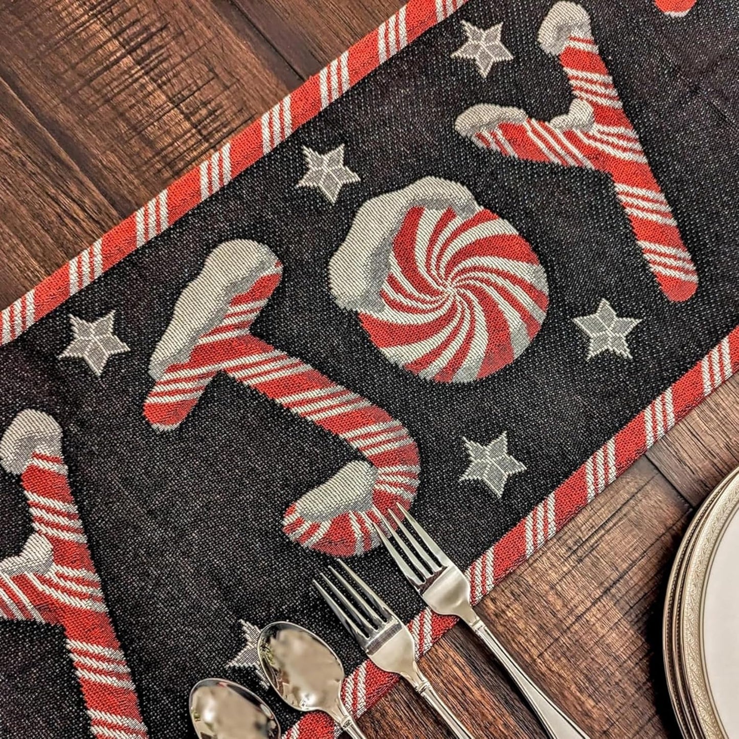 Dada Bedding Starry Peppermint Joy Tapestry Table Runner - Festive Black & Red Christmas Candy Cane Design - Cotton Linen Kitchen Dining Mat - 13" x 72