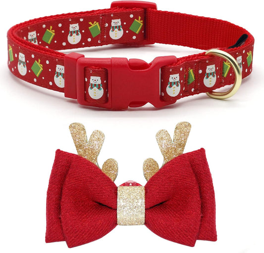 Festive  Adjustable Christmas Dog Collar with Antler Bow Tie & Snowman Design - Perfect for Medium Dogs!