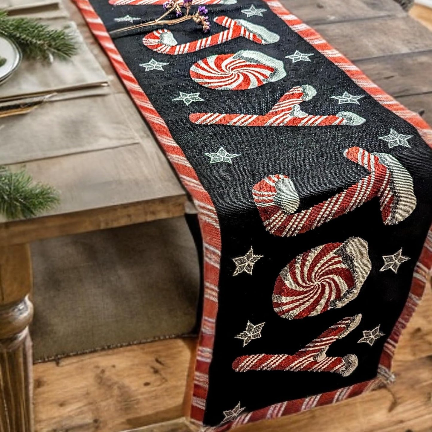 Dada Bedding Starry Peppermint Joy Tapestry Table Runner - Festive Black & Red Christmas Candy Cane Design - Cotton Linen Kitchen Dining Mat - 13" x 72