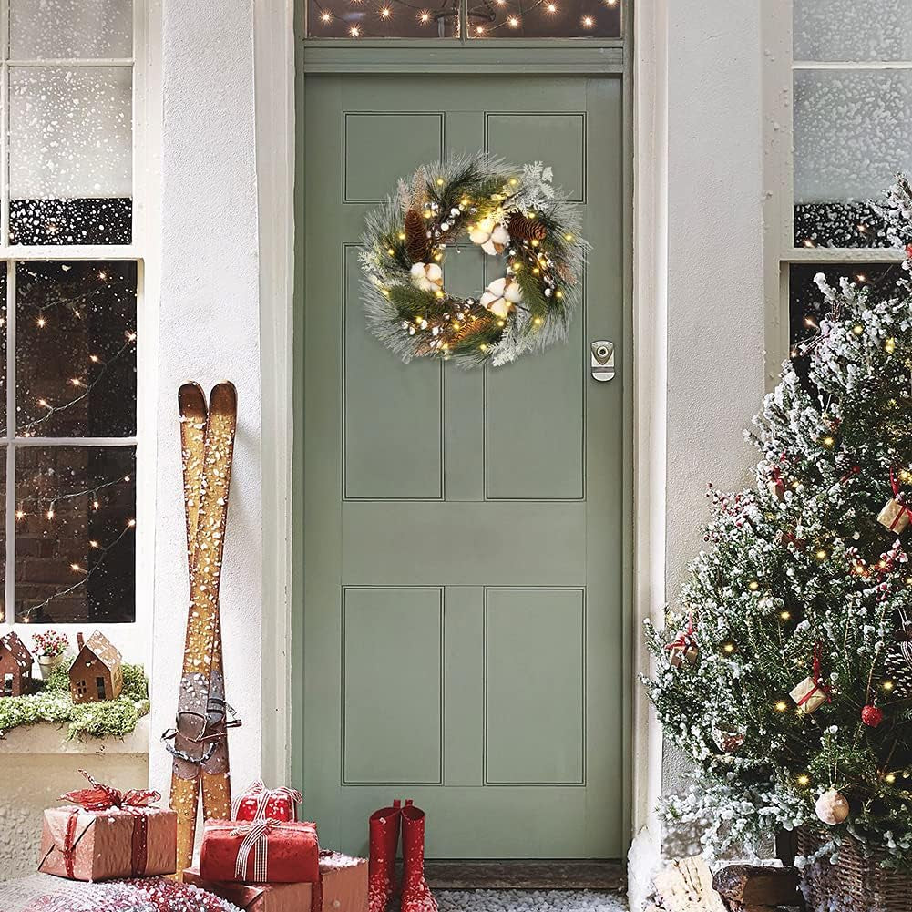 20" LED Christmas Wreath with Pinecones and Berries - Perfect Holiday Decor for Doors, Fireplaces, and Parties