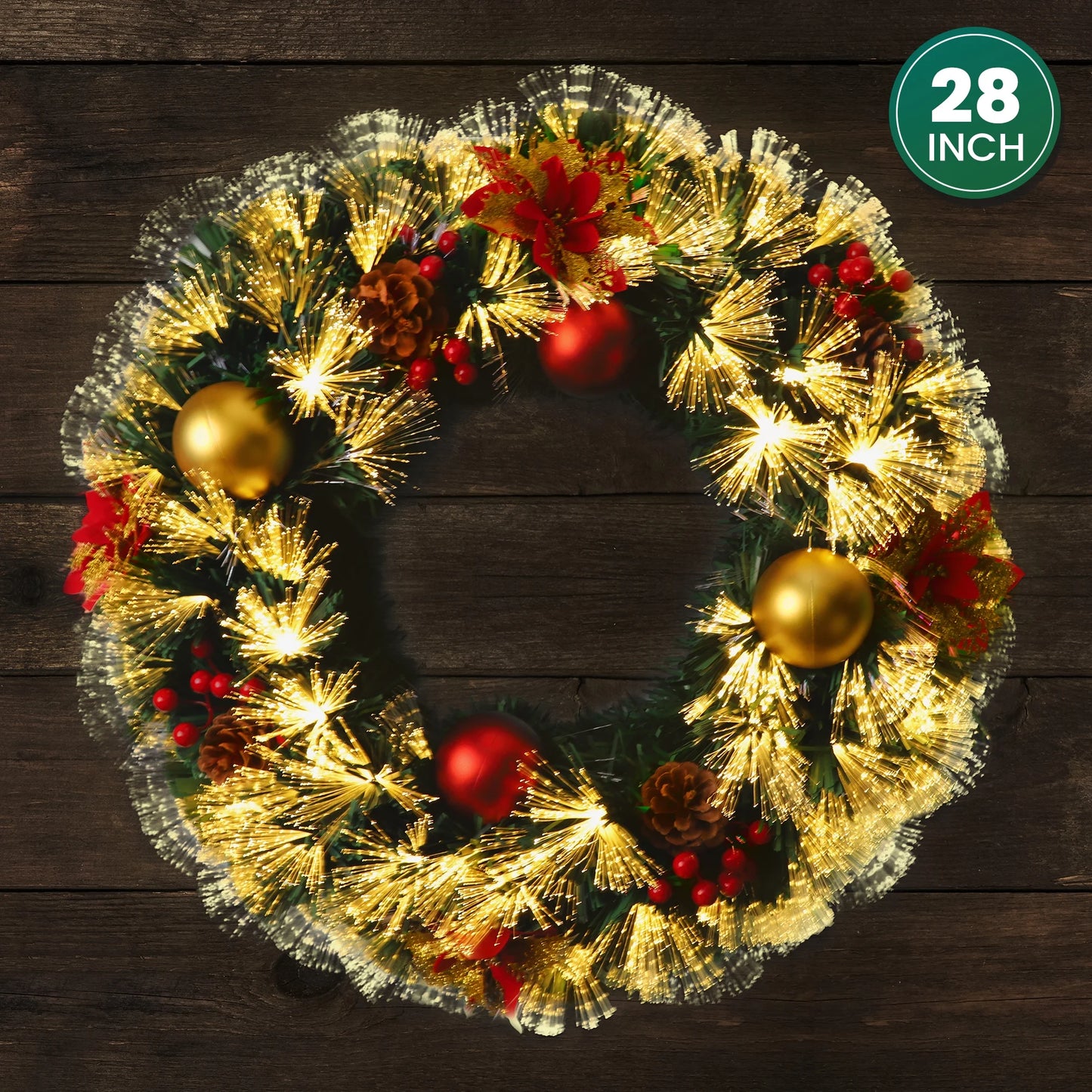 28Inch Pre-Lit Christmas Wreath Extra Large Plug in Christmas Wreath Artificial Deluxe Lighted Christmas Decor Wreath with Lights for Front Door Fireplace Outdoor Indoor Holiday Decor