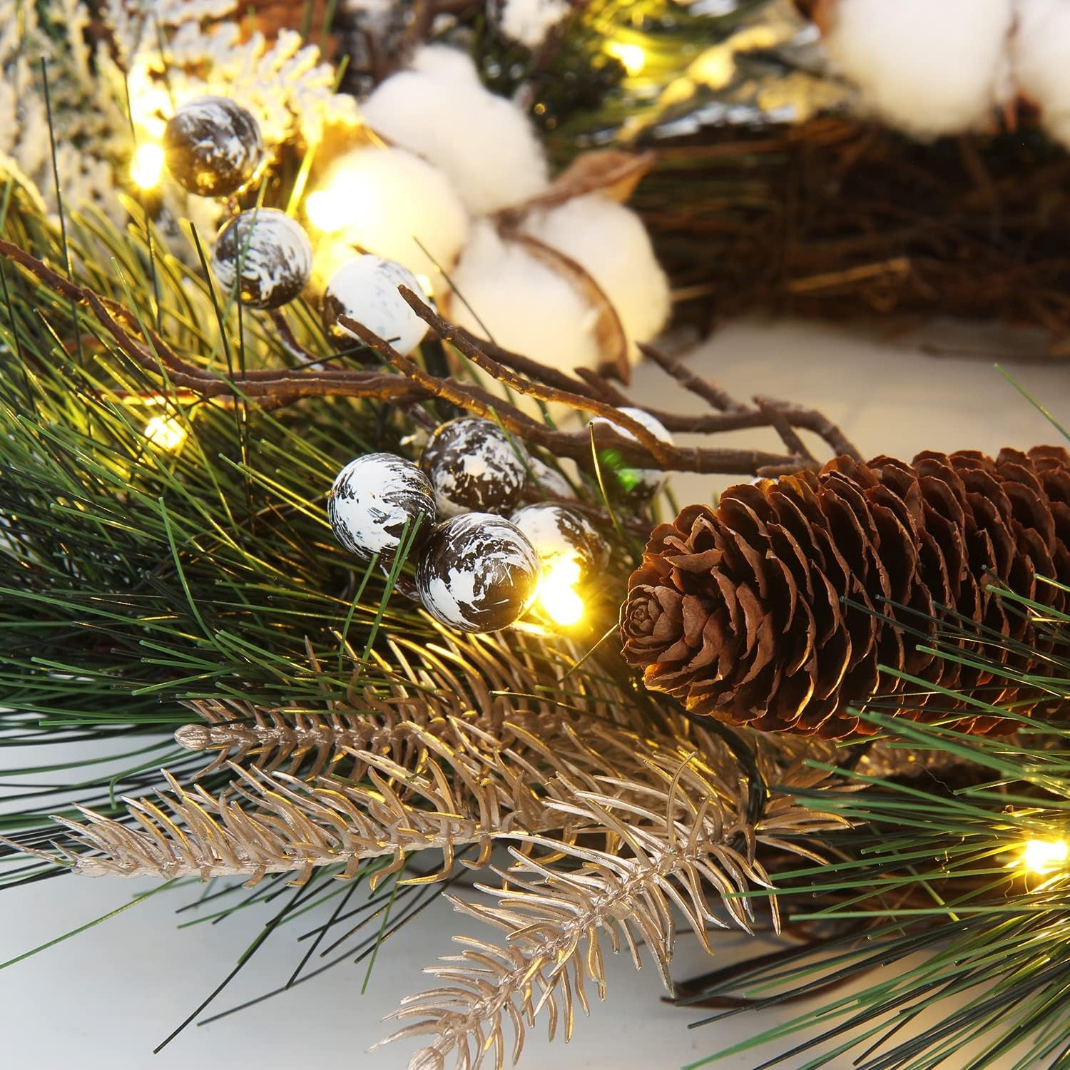 20" LED Christmas Wreath with Pinecones and Berries - Perfect Holiday Decor for Doors, Fireplaces, and Parties