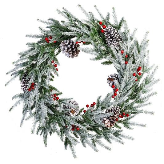 28In Christmas Wreath, Frosty Christmas Wreath with Crestwood Spruce, Pine Cones, Berry Clusters, Frosted Branches, Green