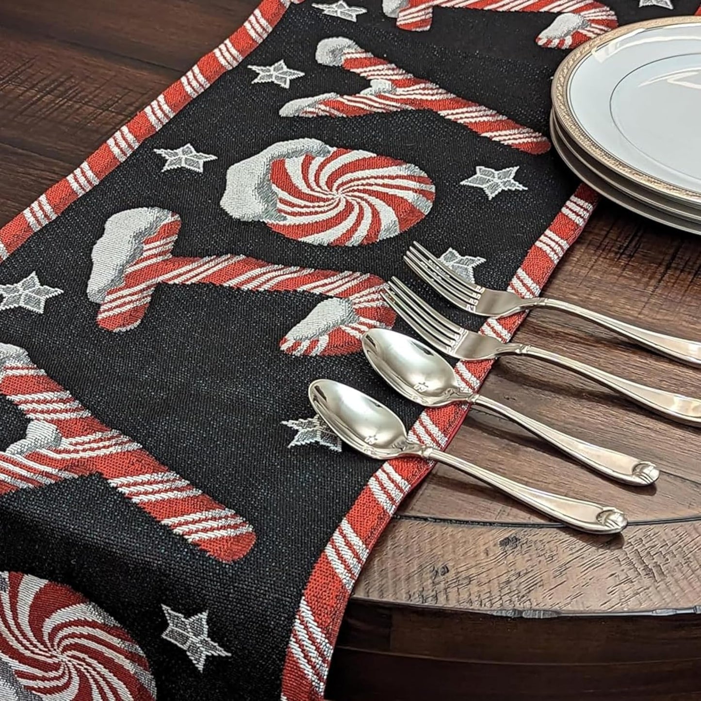 Dada Bedding Starry Peppermint Joy Tapestry Table Runner - Festive Black & Red Christmas Candy Cane Design - Cotton Linen Kitchen Dining Mat - 13" x 72