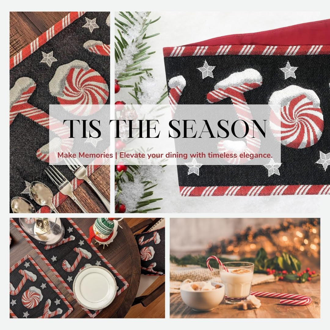 Dada Bedding Starry Peppermint Joy Tapestry Table Runner - Festive Black & Red Christmas Candy Cane Design - Cotton Linen Kitchen Dining Mat - 13" x 72