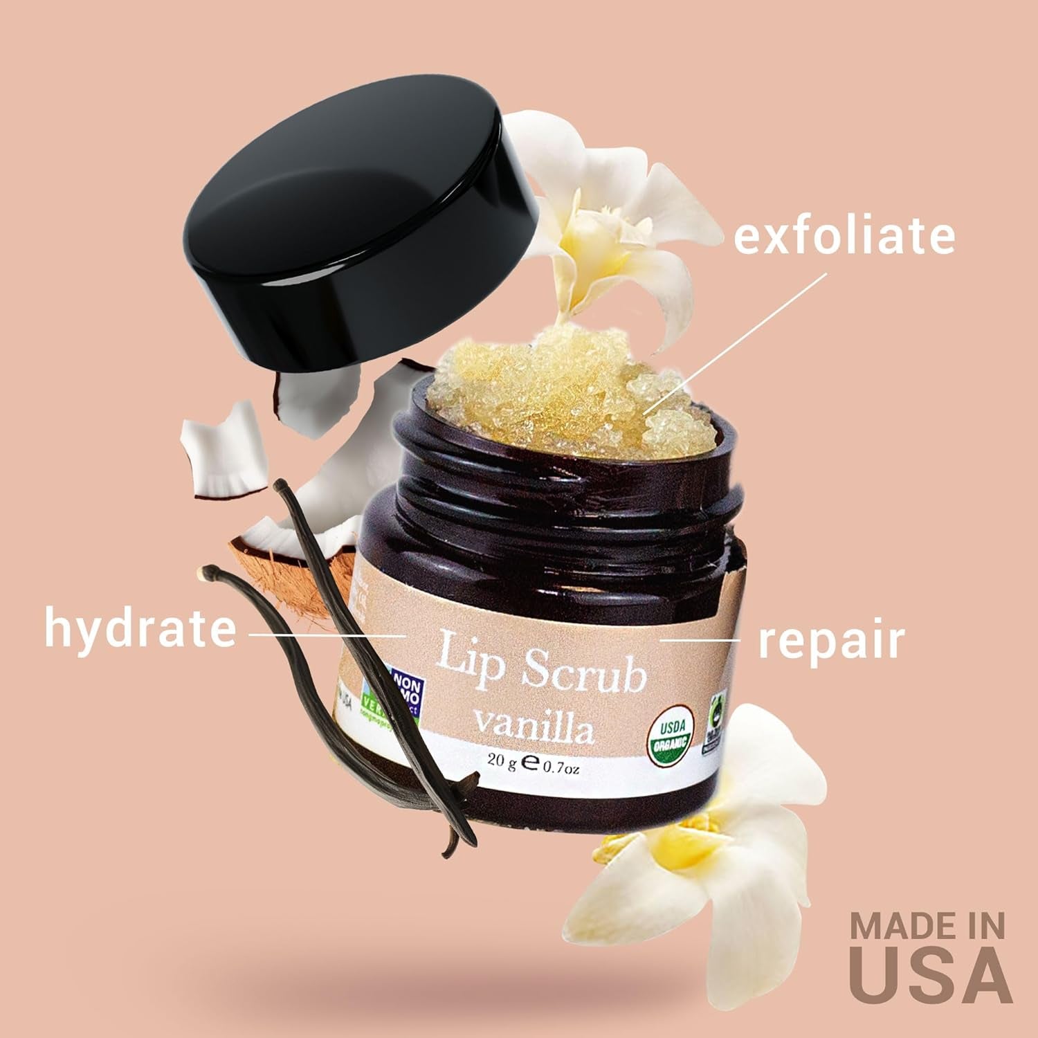 Organic Lip Scrub Vanilla - USA Made Exfoliating Lip Scrub with Natural & Organic Ingredients, Mothers Day Gifts, Moisturizing Lip Exfoliator Scrub for Dry Lips, Lip Scrubber Exfoliator & Sugar Scrub