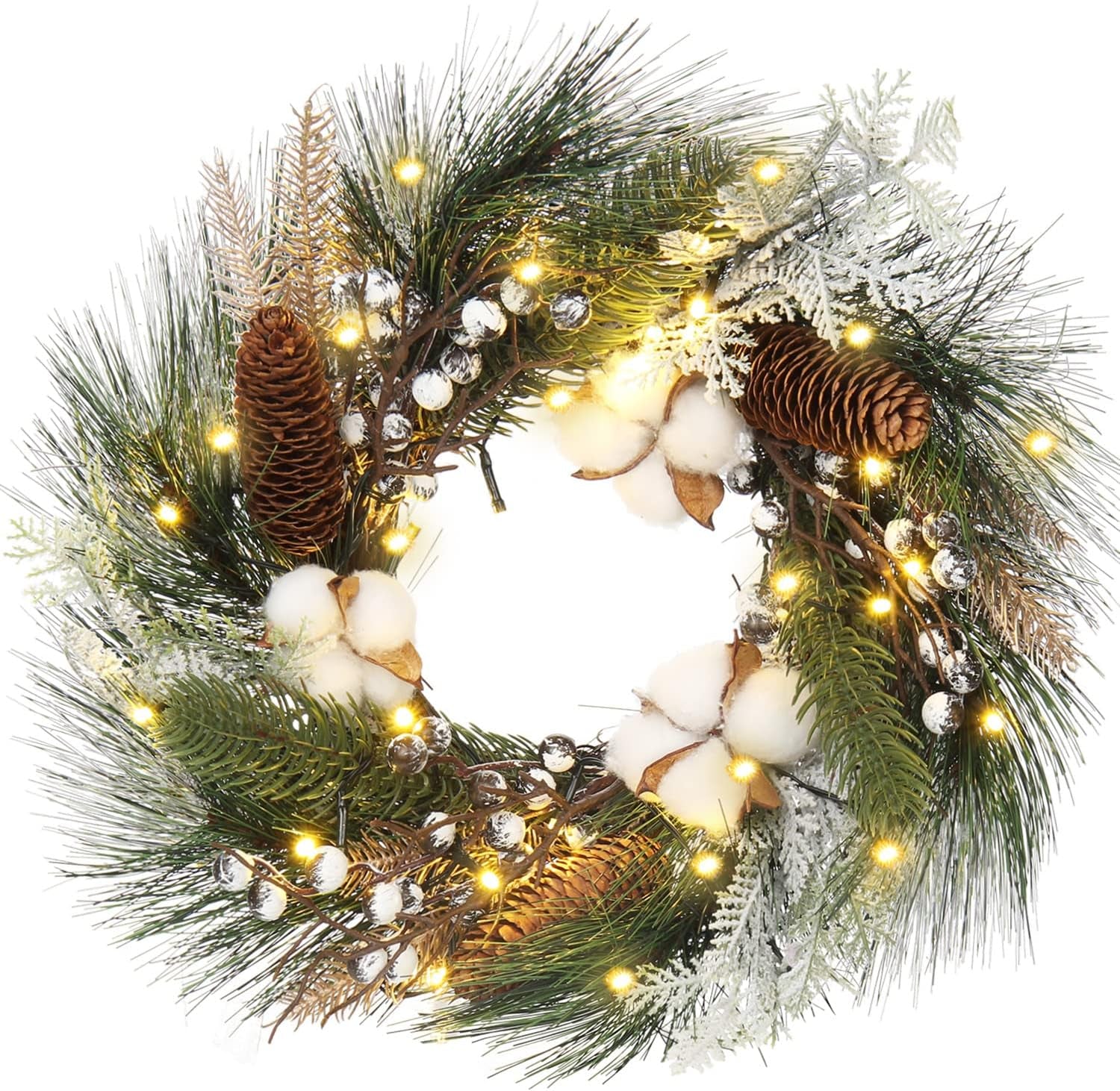 20" LED Christmas Wreath with Pinecones and Berries - Perfect Holiday Decor for Doors, Fireplaces, and Parties