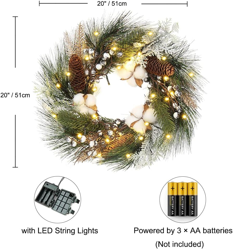 20" LED Christmas Wreath with Pinecones and Berries - Perfect Holiday Decor for Doors, Fireplaces, and Parties