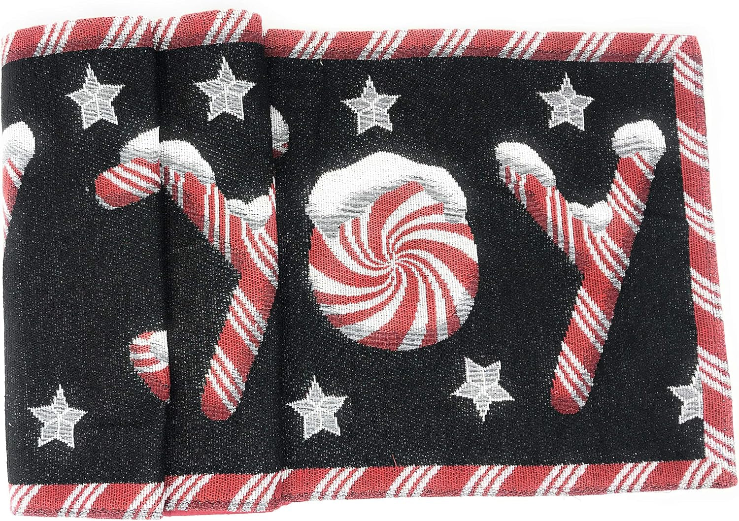 Dada Bedding Starry Peppermint Joy Tapestry Table Runner - Festive Black & Red Christmas Candy Cane Design - Cotton Linen Kitchen Dining Mat - 13" x 72