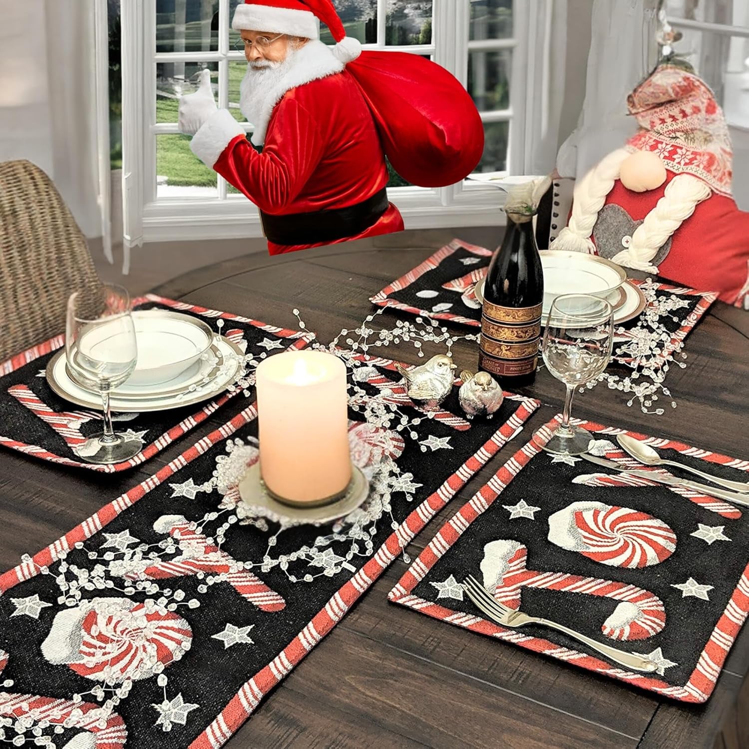 Dada Bedding Starry Peppermint Joy Tapestry Table Runner - Festive Black & Red Christmas Candy Cane Design - Cotton Linen Kitchen Dining Mat - 13" x 72